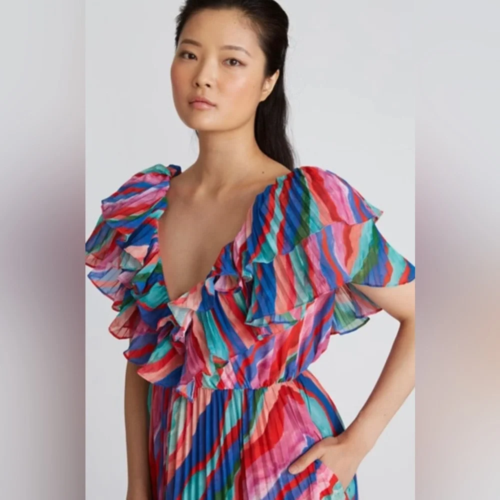 AMUR Luisa Pleated Striped Midi Dress size 2 - Picture 6 of 16